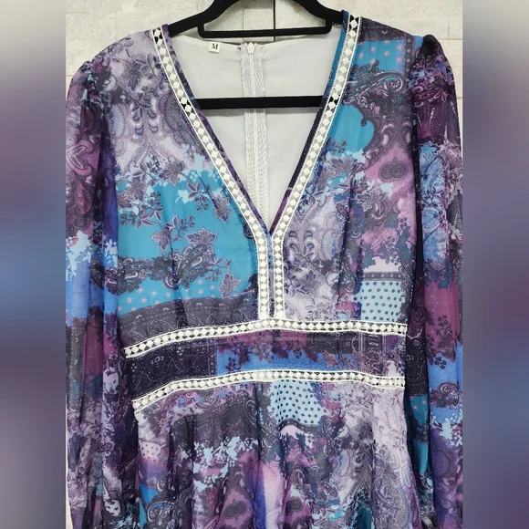 Boho Floral Paisley Print Lace Trim Dress - Picture 3 of 8